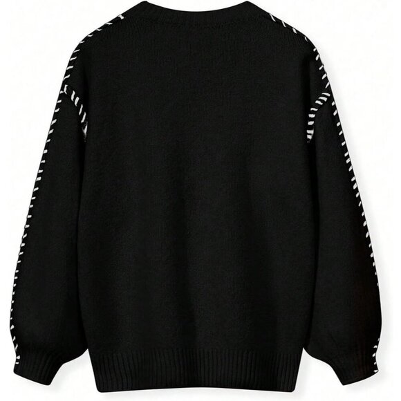 Women's Black Oversized Stitching Long Sleeve Crew Neck Baggy Knit Sweaters - Picture 3 of 5